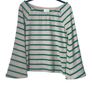 Anthropologie Deletta Striped Top Size Medium Bell Sleeve Oatmeal and Green